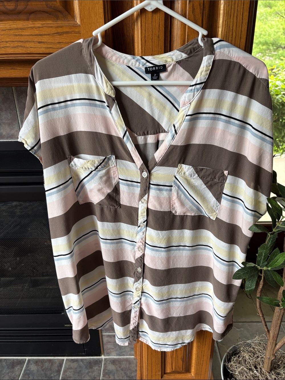 Torrid Striped Button-Front Blouse in Brown, Pink & Yellow